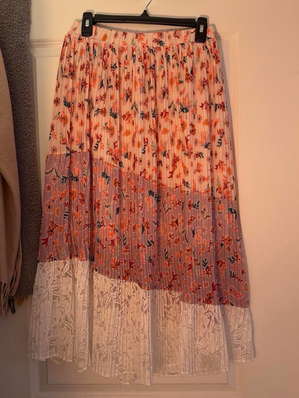 Anthropologie Pleated Floral Maxi Skirt in Peach, Lavender and White